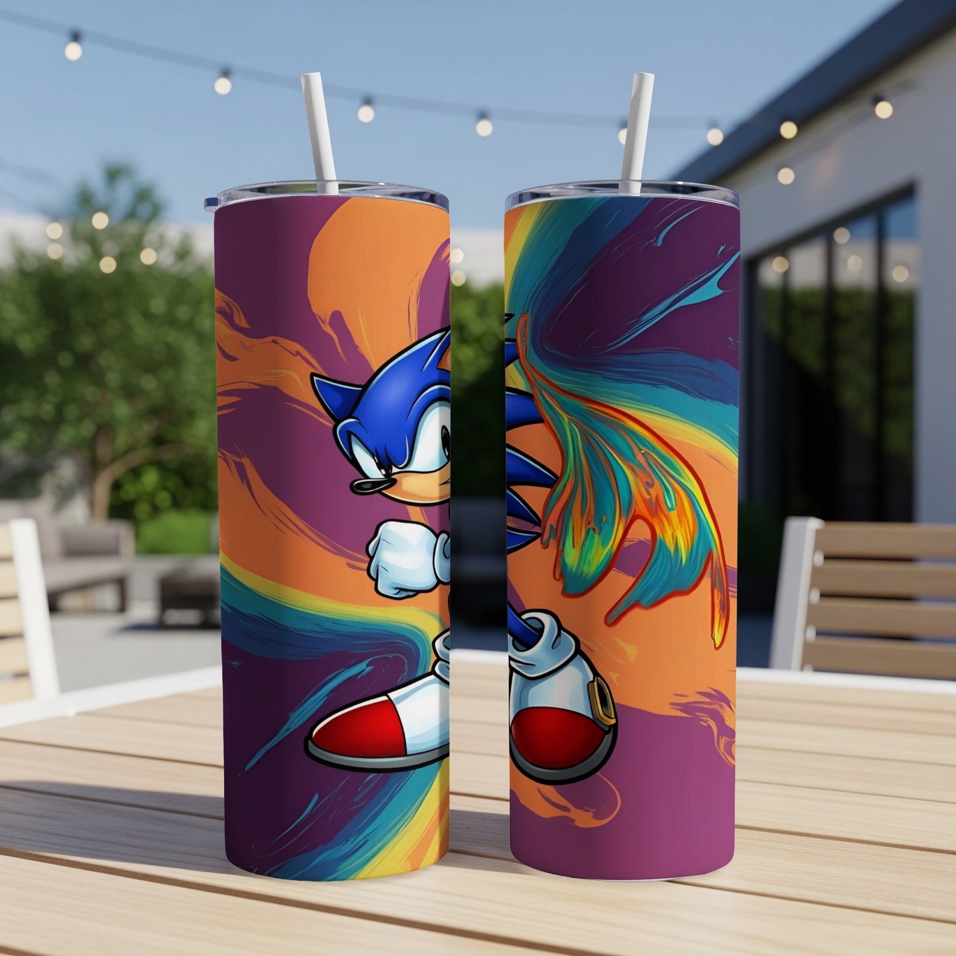 Sonic the Hedgehog on a purple background with colorful swirling accents.