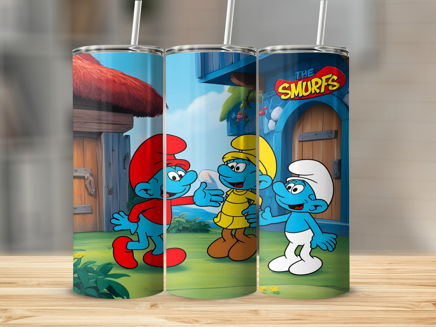 Three Smurfs in a village scene, one in yellow dress, one in blue overalls.