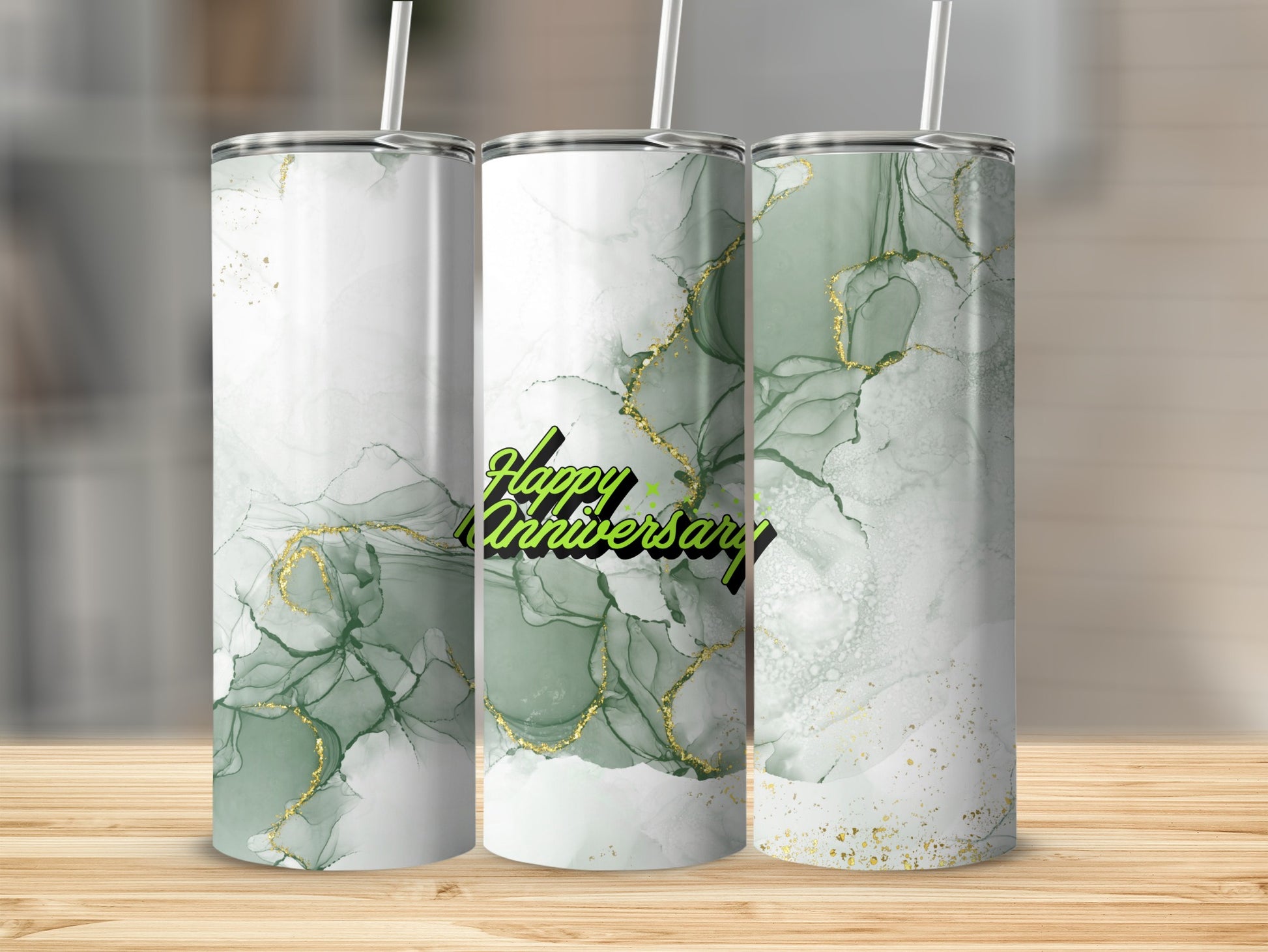 Three tumblers with green marble pattern and "Happy Anniversary" text.