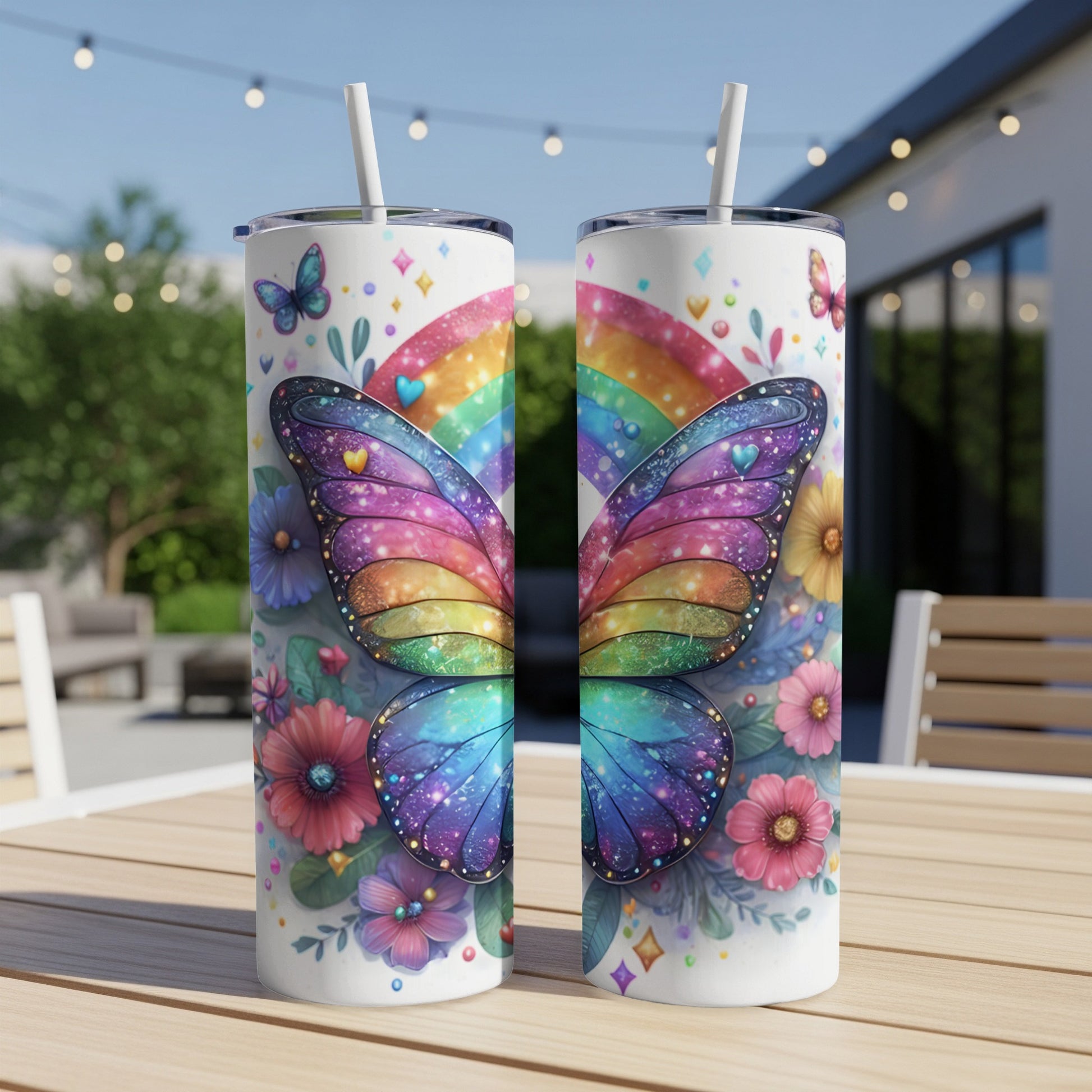 Two iridescent butterfly wings with rainbow colors, framed by flowers and a rainbow.