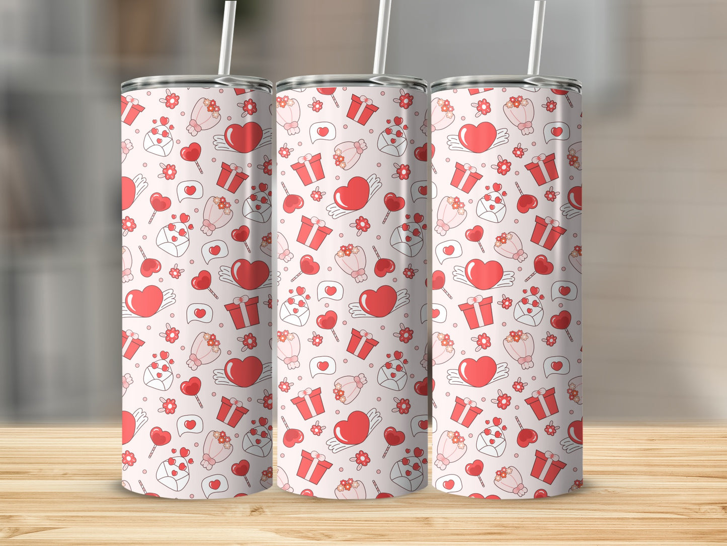 Valentine's Day Themed Tumbler with Heart and Gift Designs