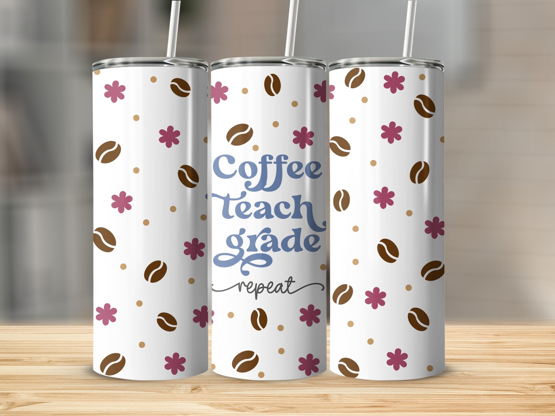 White tumbler with coffee beans, pink flowers, and "Coffee Teach Grade repeat" text.