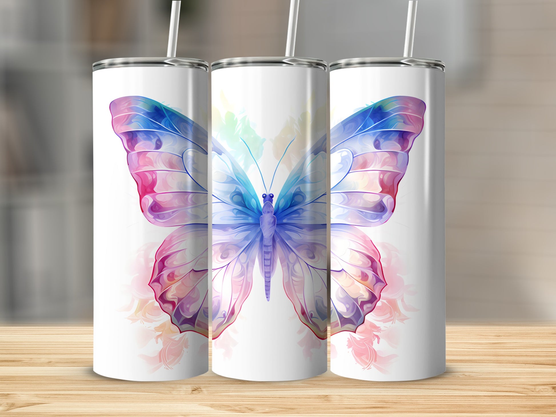 White tumblers with a colorful, translucent butterfly design.