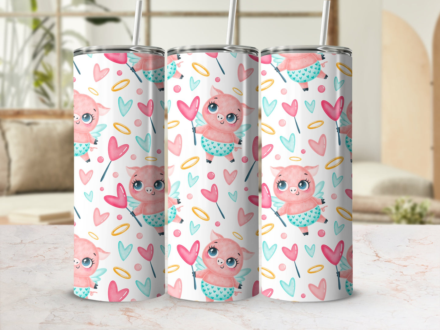 Cute Angelic Piggy Hearts and Arrows Tumbler
