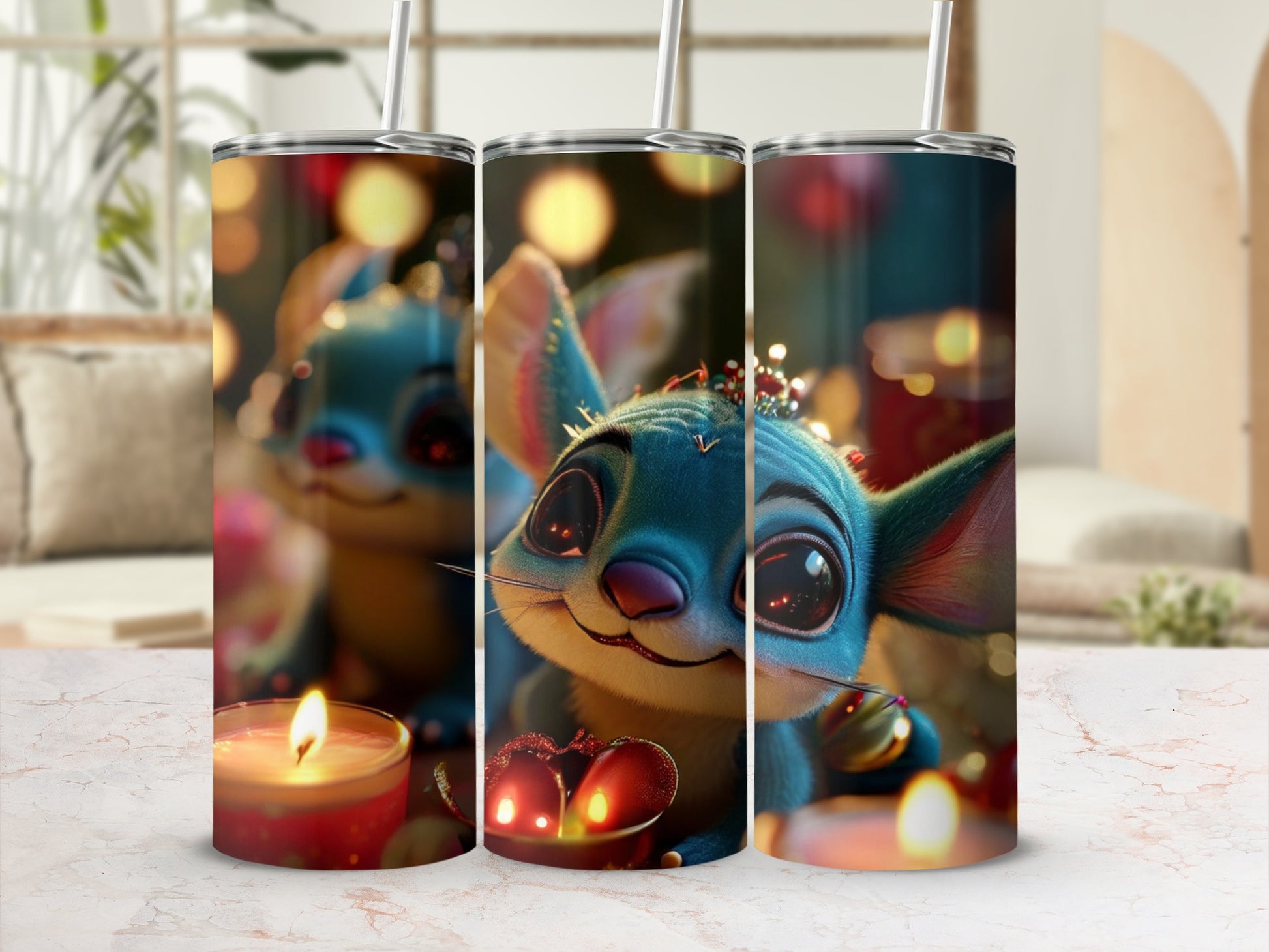 Blue alien character with crown on tumbler with candles and bokeh lights.