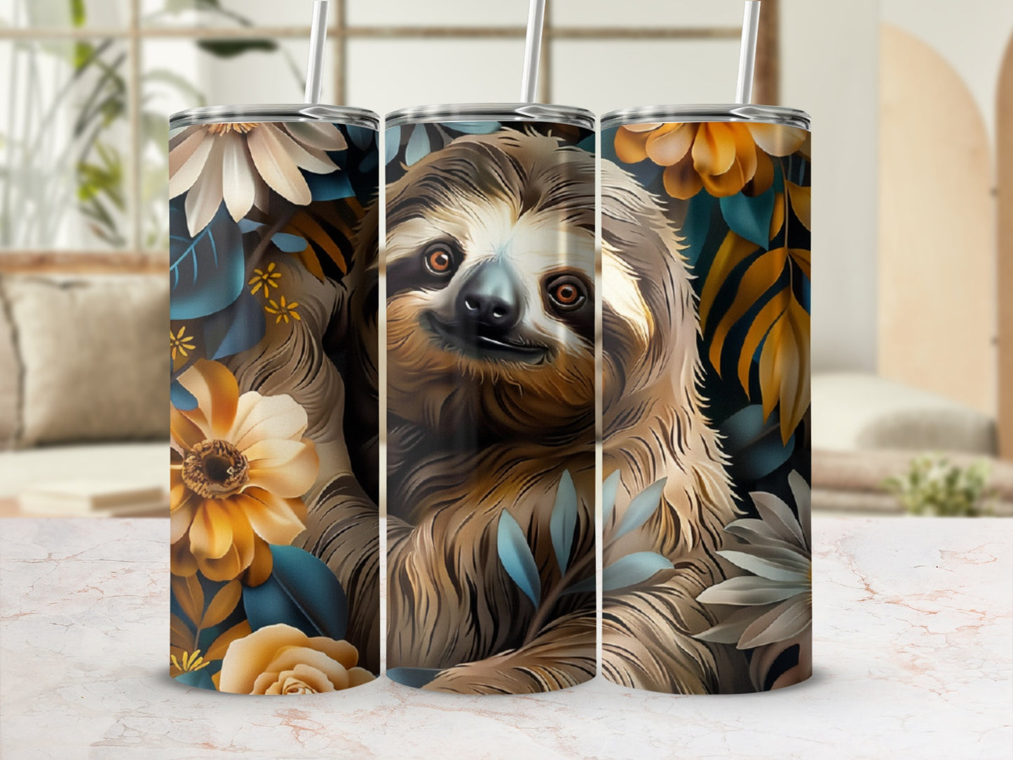 Sloth surrounded by flowers and leaves on a tumbler.