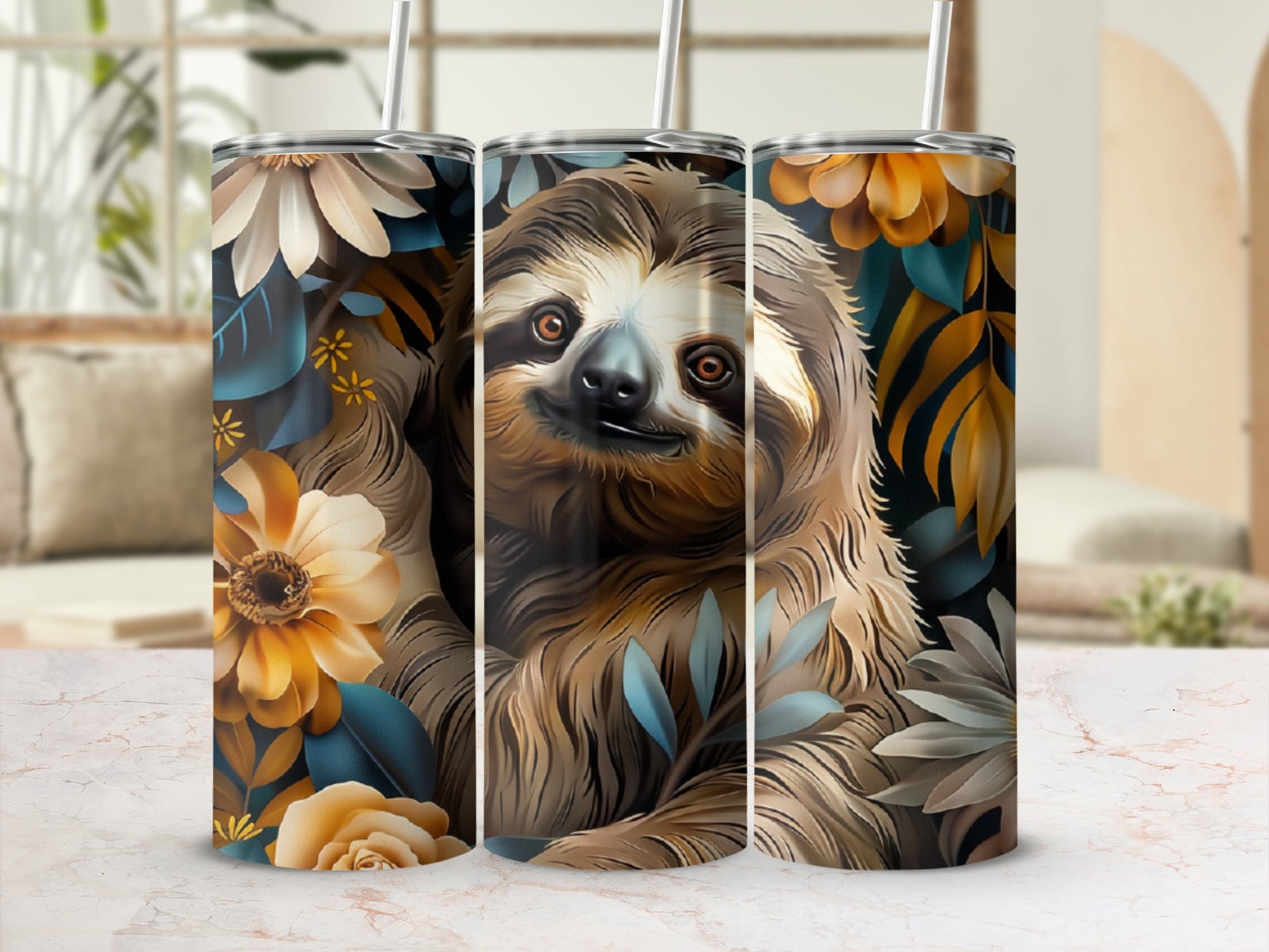 Sloth surrounded by flowers and leaves on a tumbler.