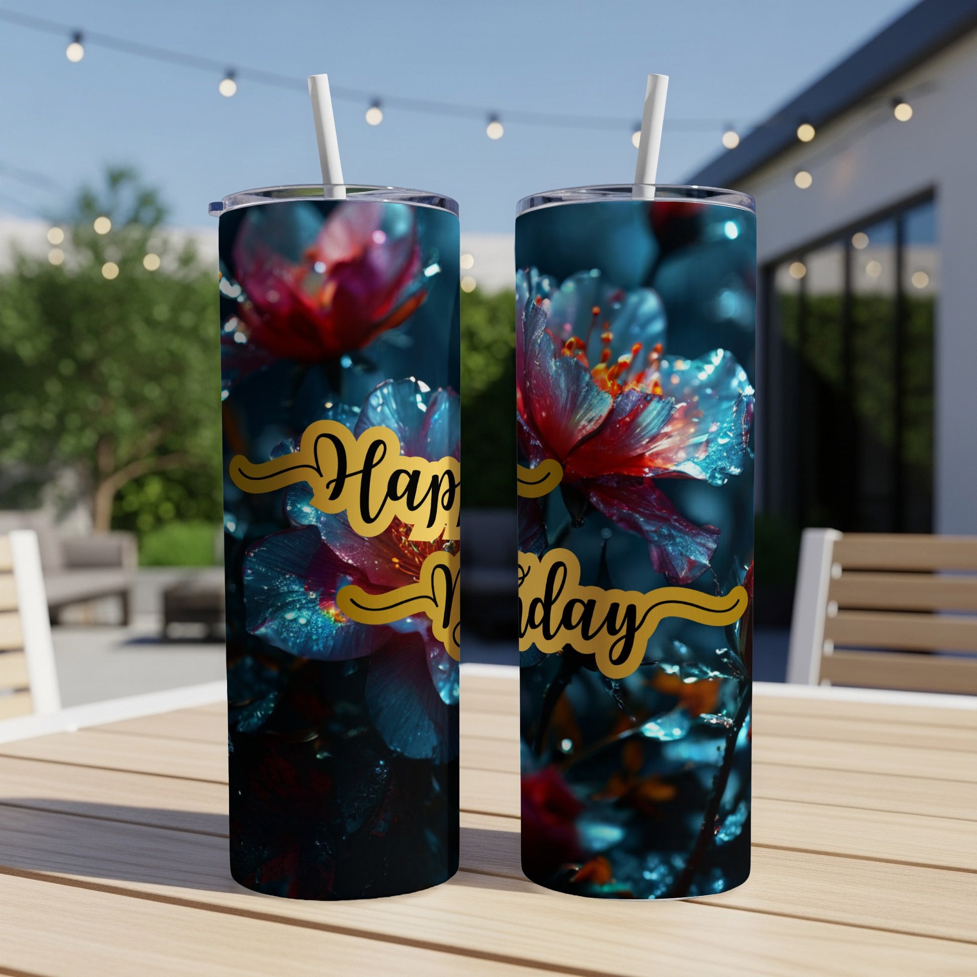 Two tumblers with "Happy Birthday" text and a floral design on a table.