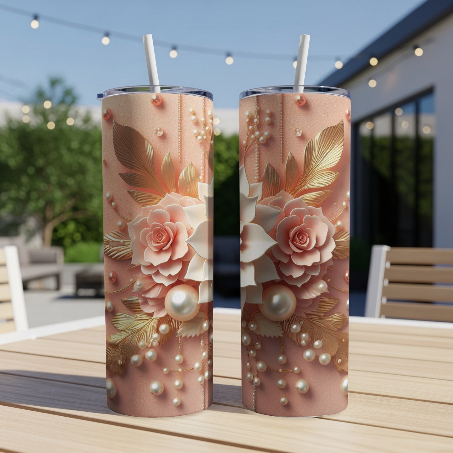 Pink floral tumbler with gold leaves and pearl accents.