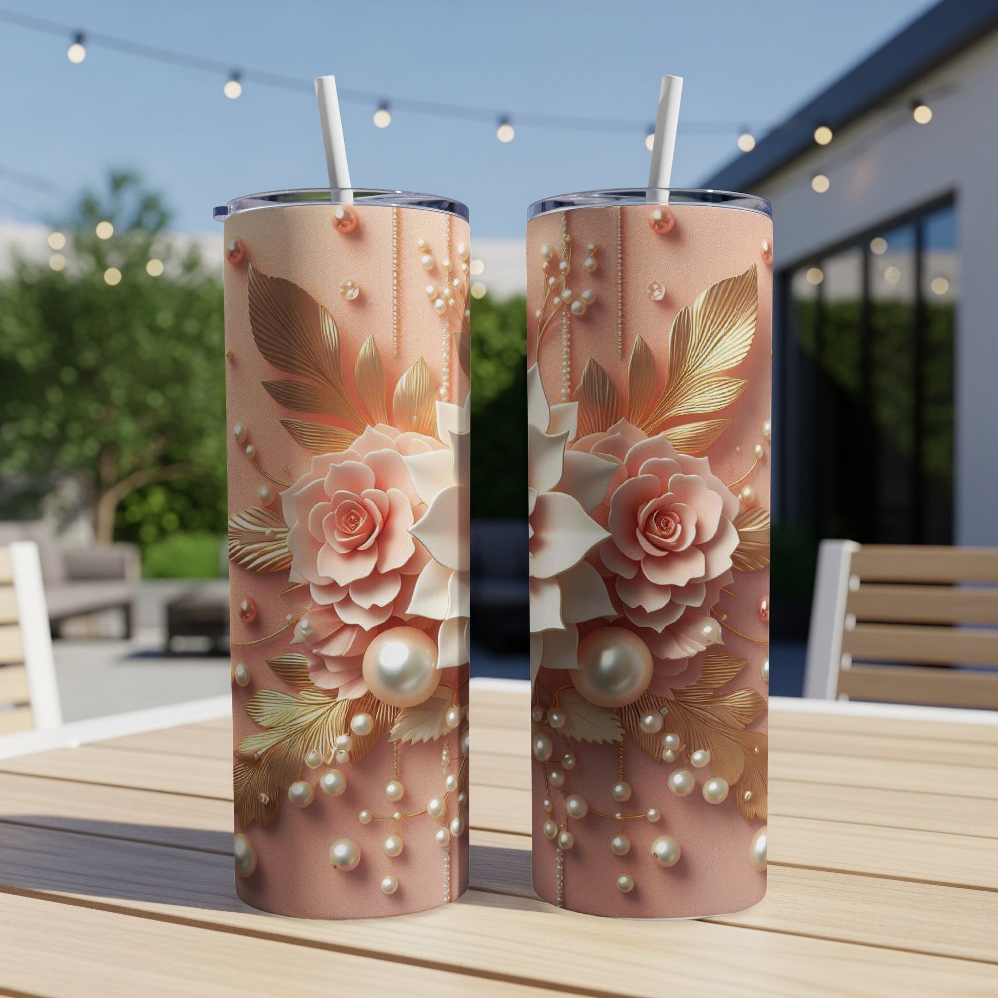 Pink floral tumbler with gold leaves and pearl accents.