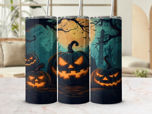Three tumblers featuring carved pumpkins, bats, and a spooky forest scene with a full moon.