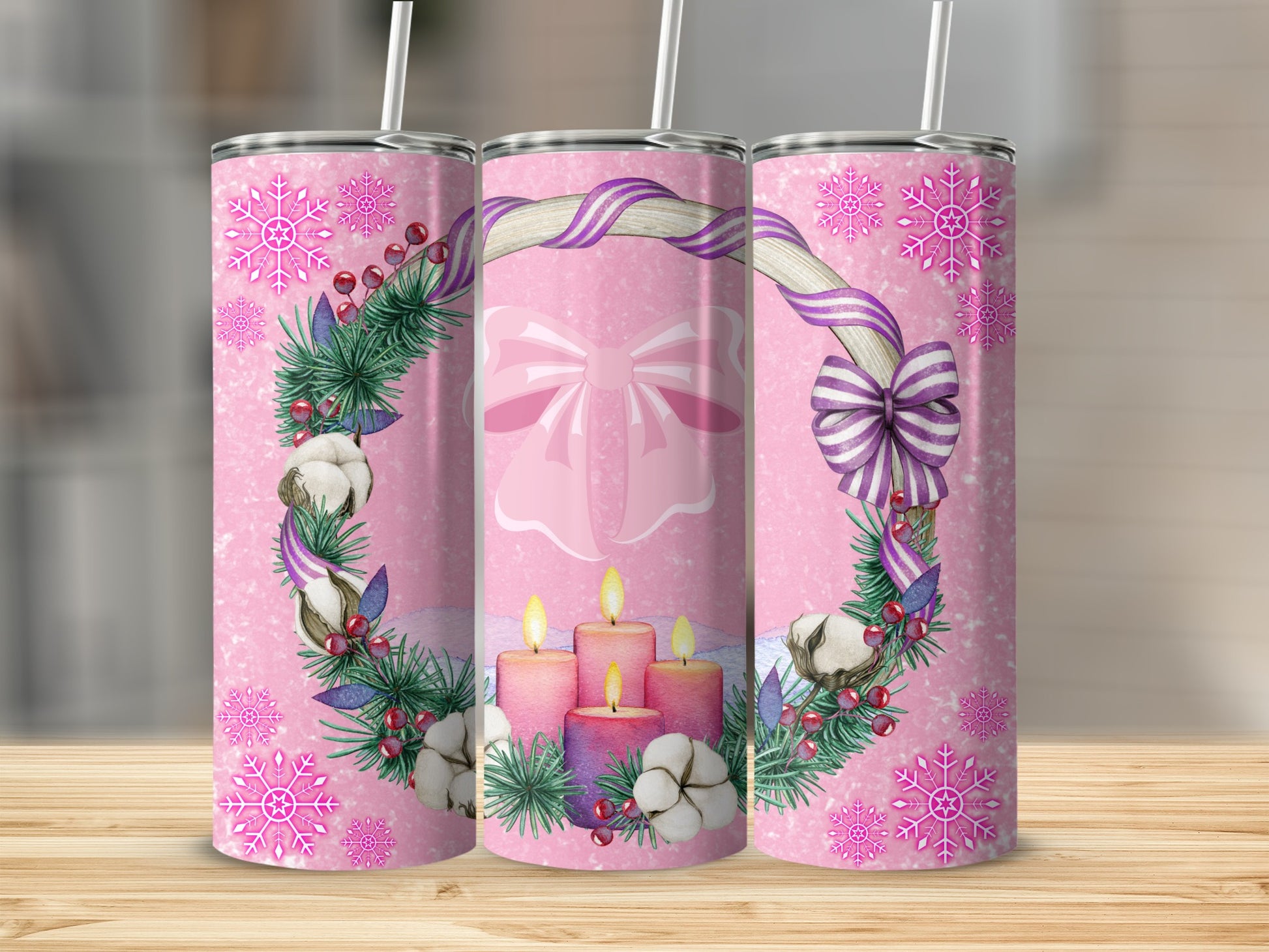 Pink Snowflake Christmas Wreath Tumbler Product