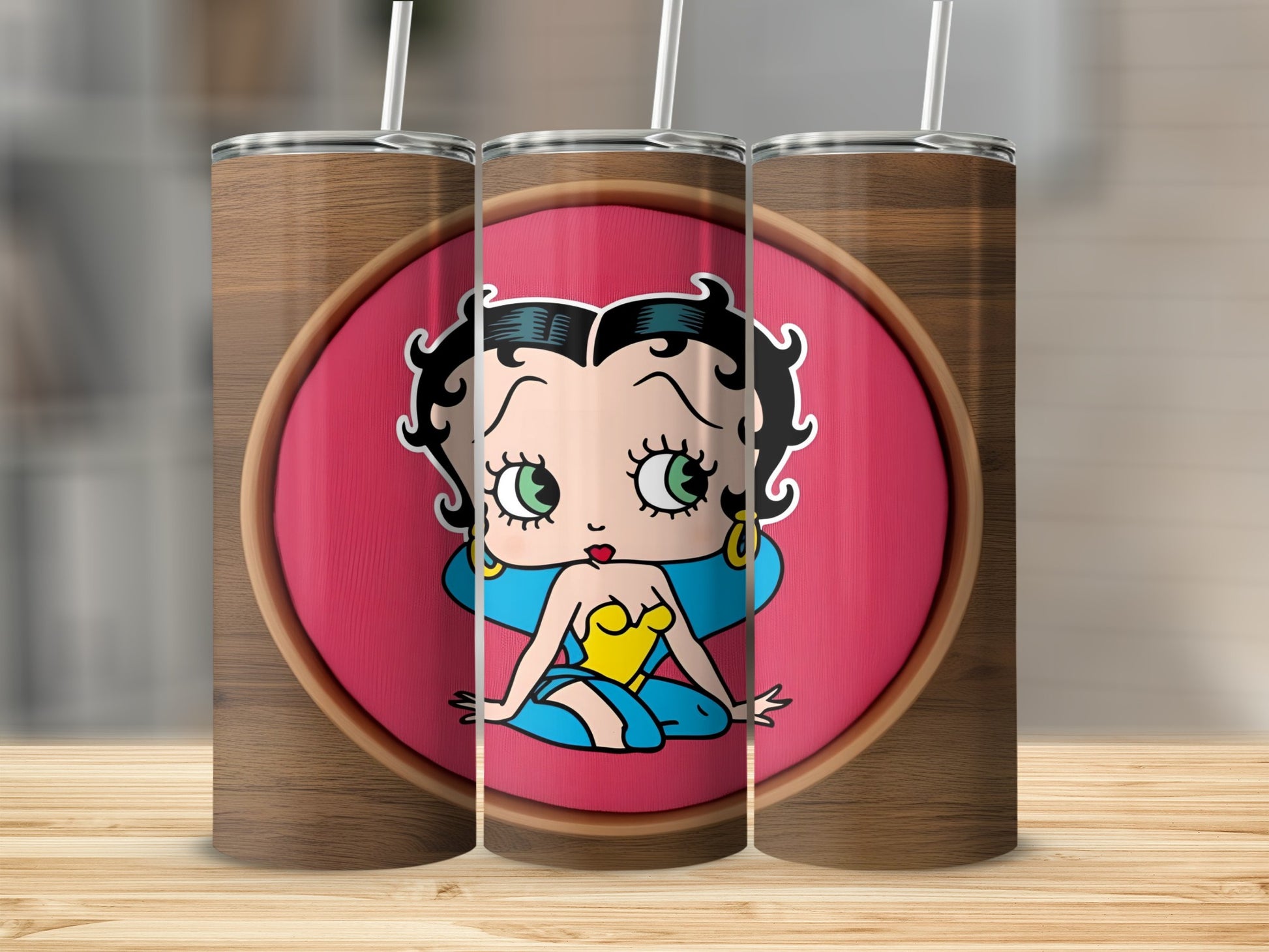 Betty Boop character illustration on a wooden textured tumbler.
