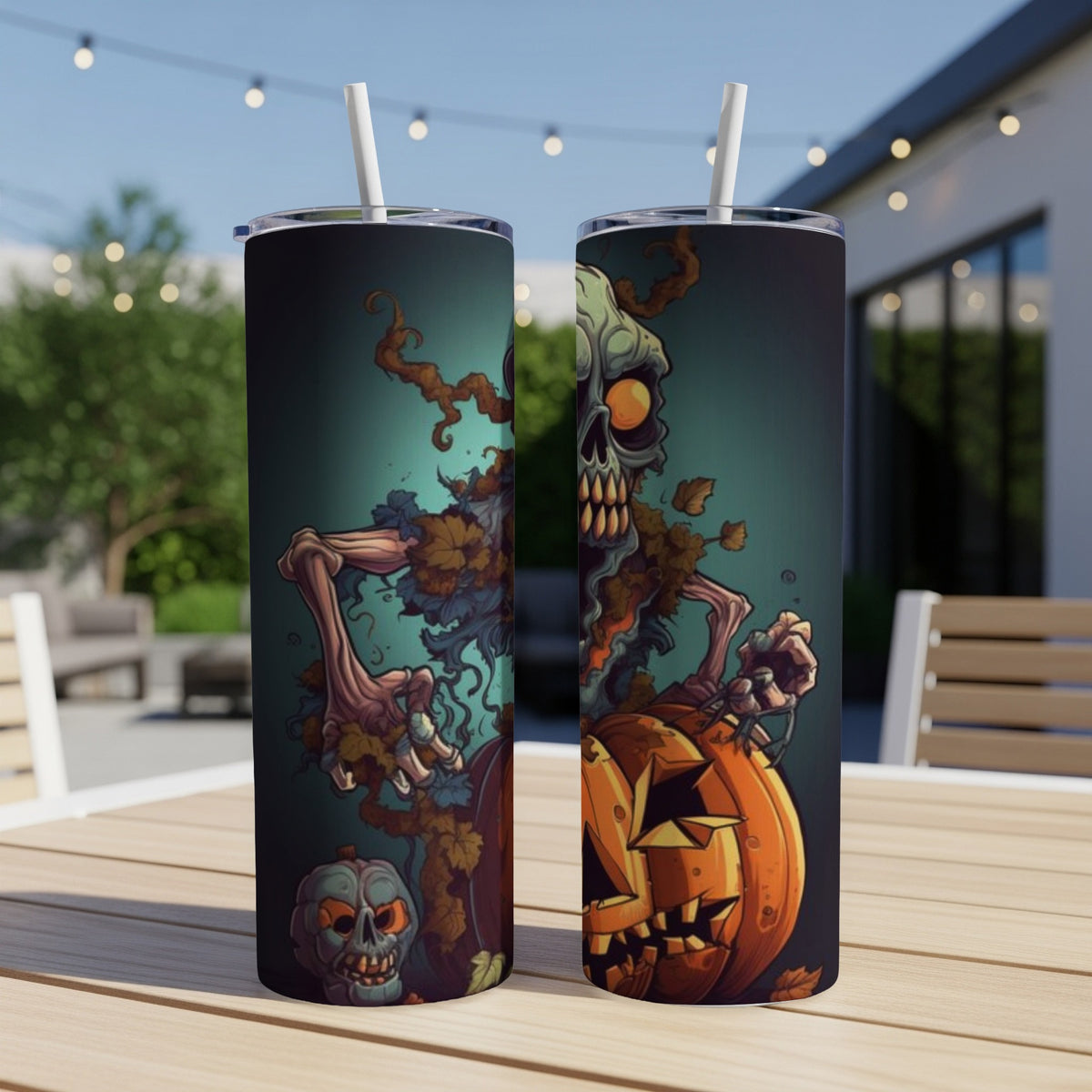 Two tumblers featuring a Halloween zombie and jack-o'-lantern illustration on a wooden table.