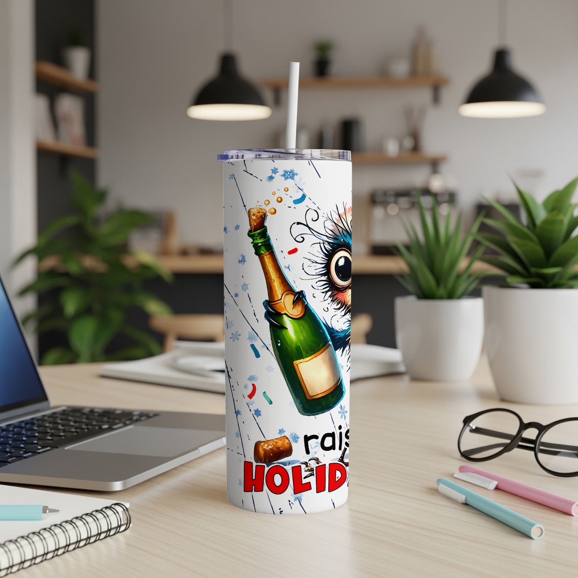Tumbler with cartoon cat, champagne bottle, and "Holiday Vibes" text.