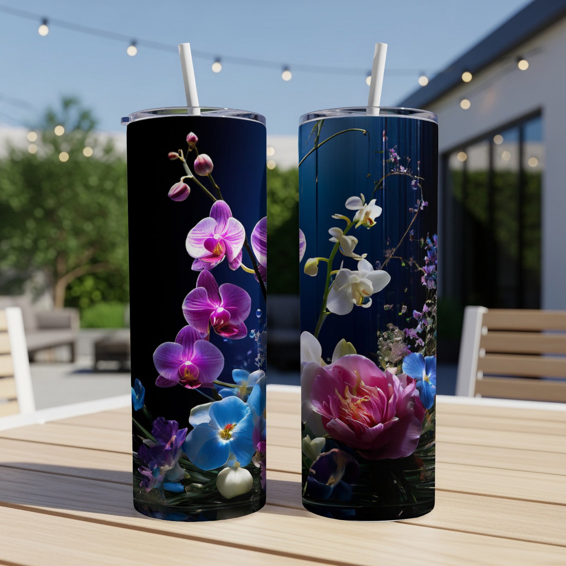 Two tumblers with floral designs featuring orchids and other flowers.
