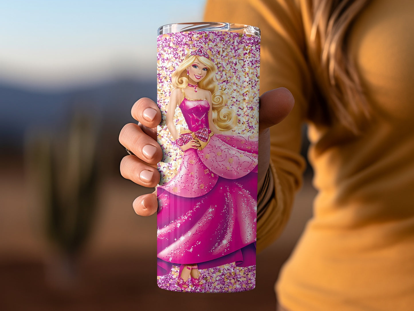 Barbie Doll Pink Gown Gold Glitter Background Tumblers