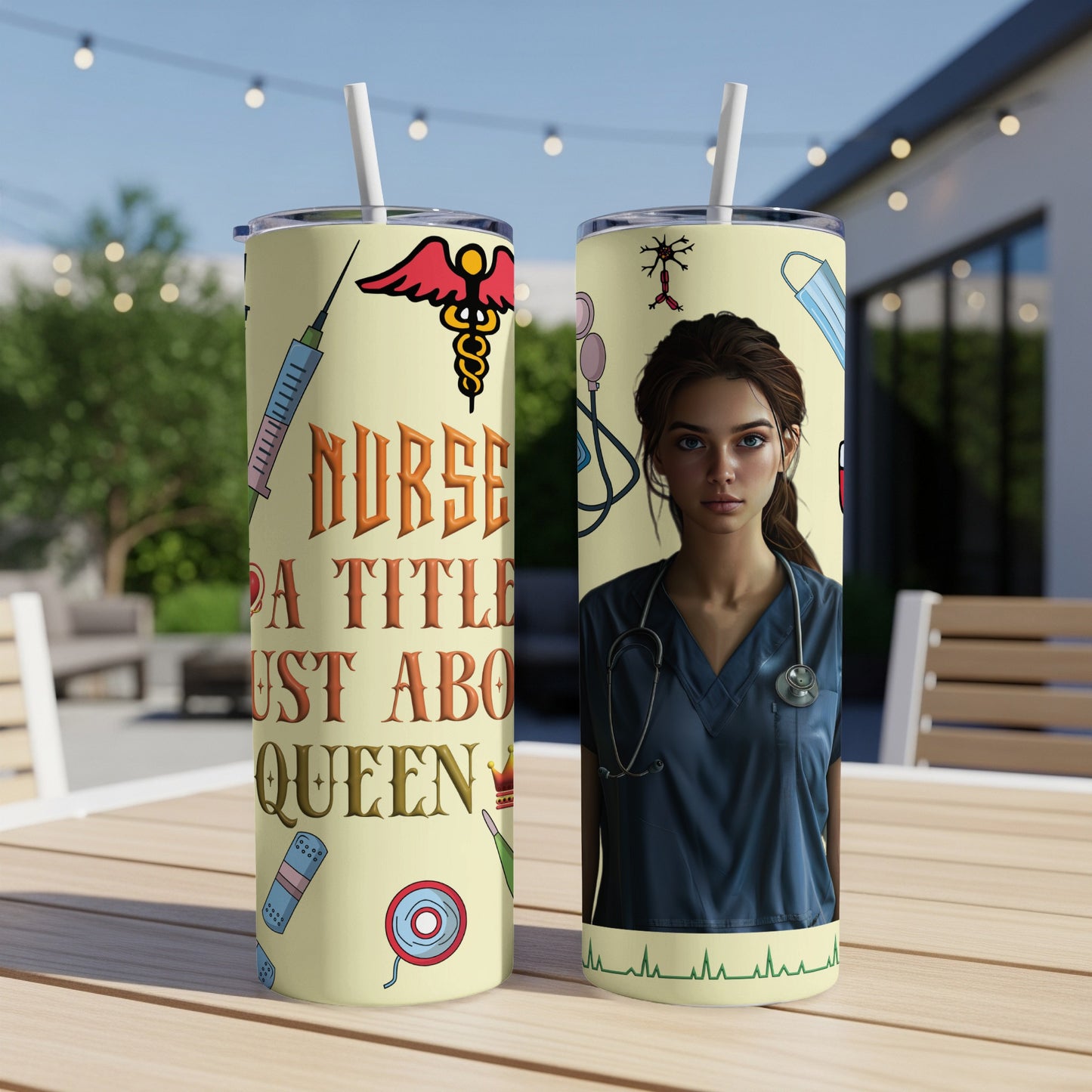 Nurse title, stethoscope, and medical icons on a patriotic tumbler.
