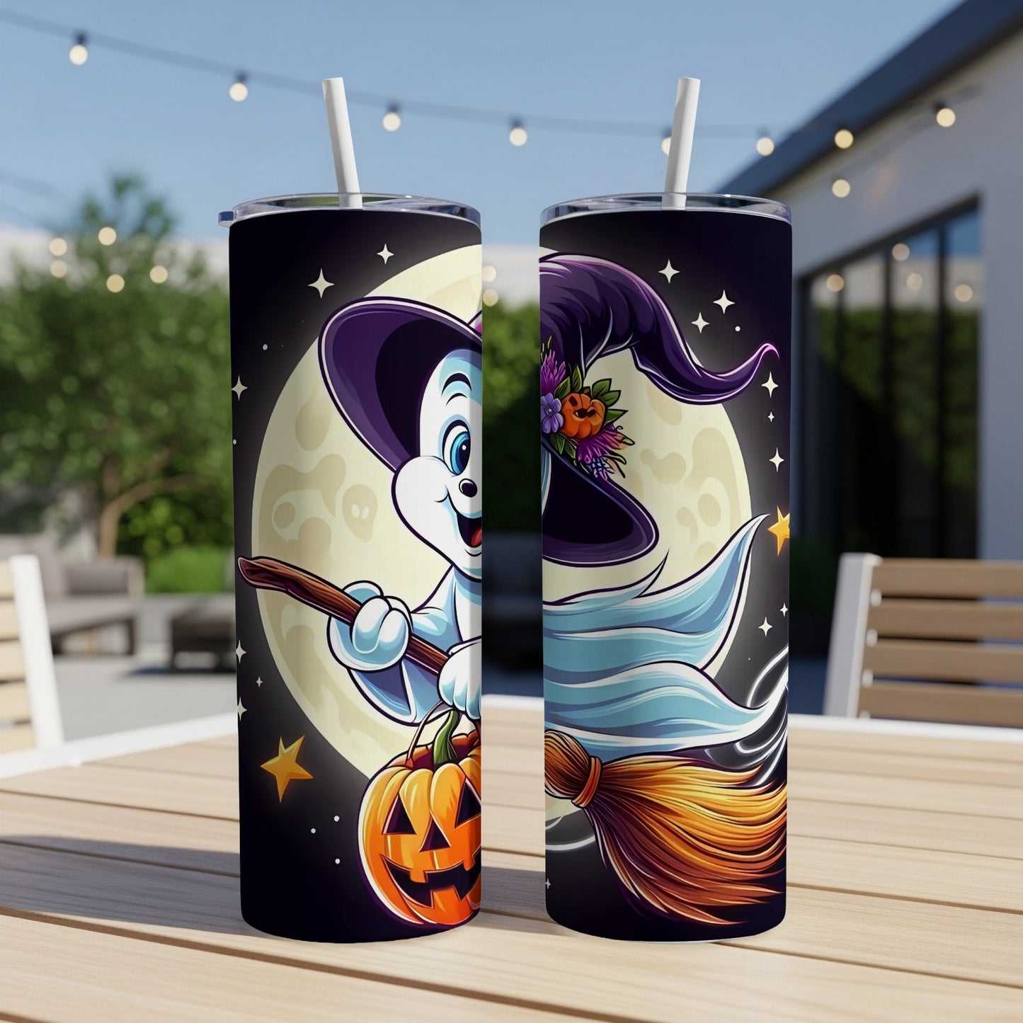 Two tumblers with Halloween ghost characters flying on broomsticks with pumpkins.
