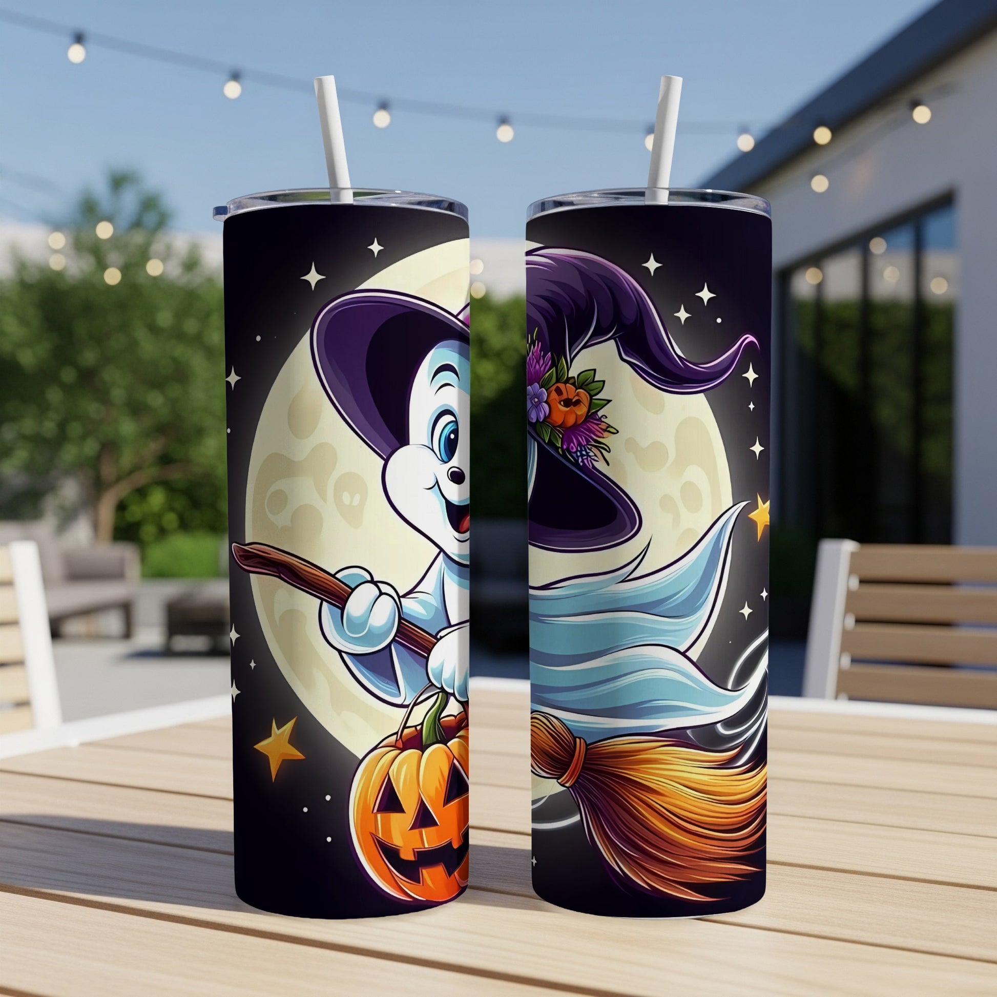 Two tumblers with Halloween ghost characters flying on broomsticks with pumpkins.