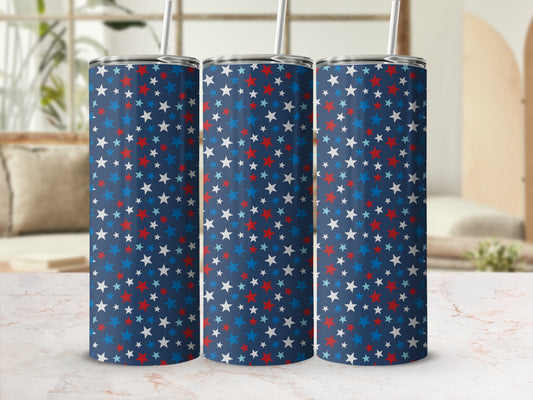 Three dark blue tumblers with red, white, and blue stars pattern.