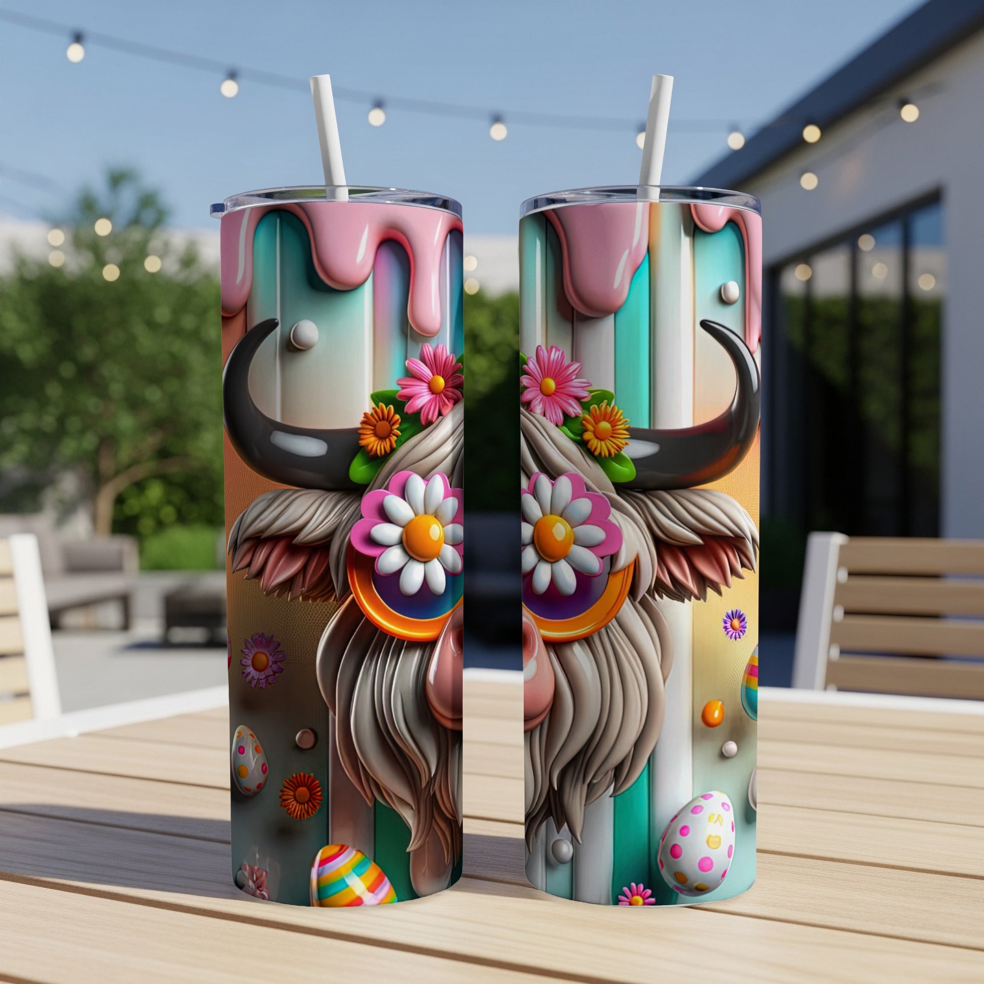 Two tumblers with a Highland cow design and Easter eggs, outdoors.