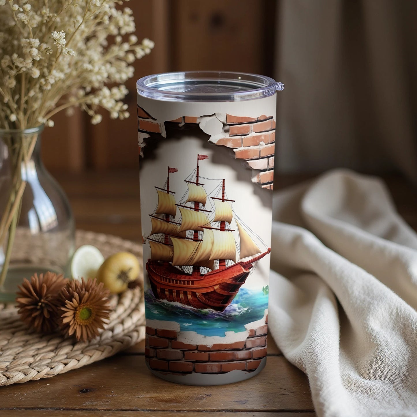 Enchanting Ship Sailing Through a Brick Wall Tumbler