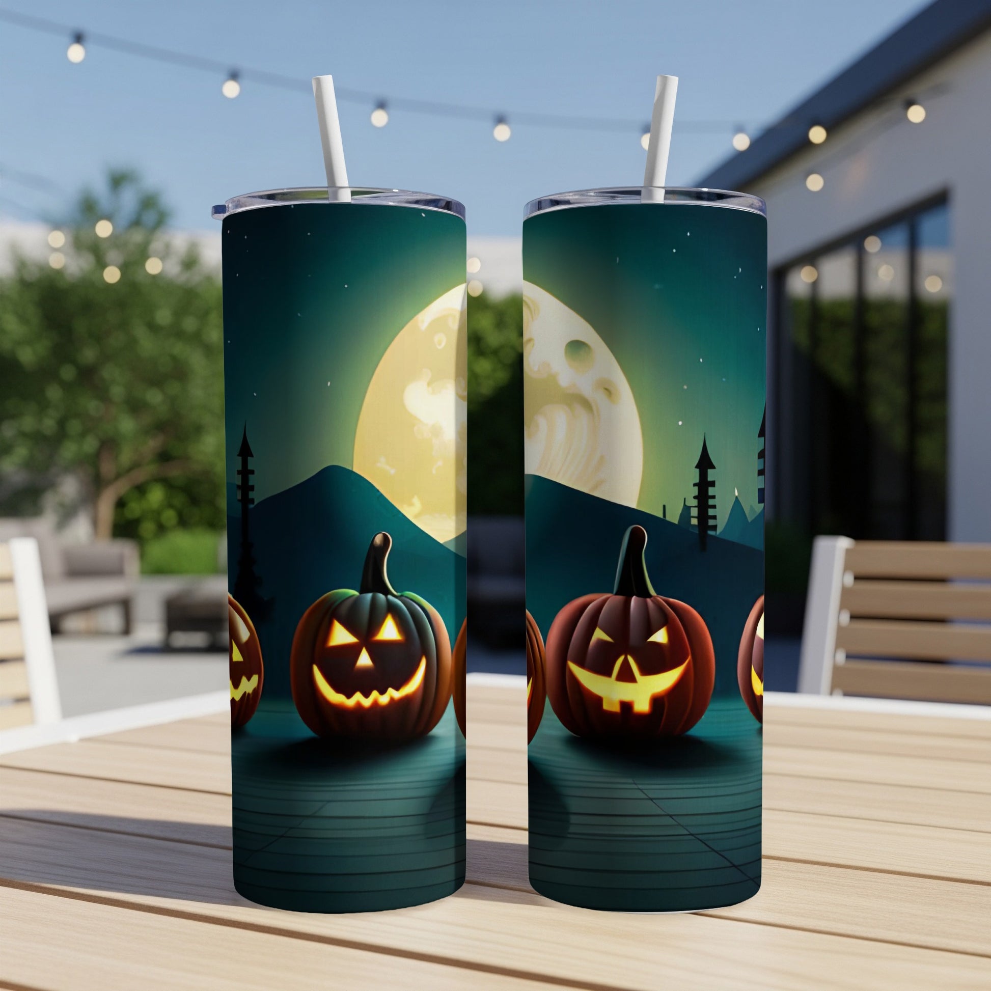 Two tumblers with a Halloween jack-o'-lantern and moon design.