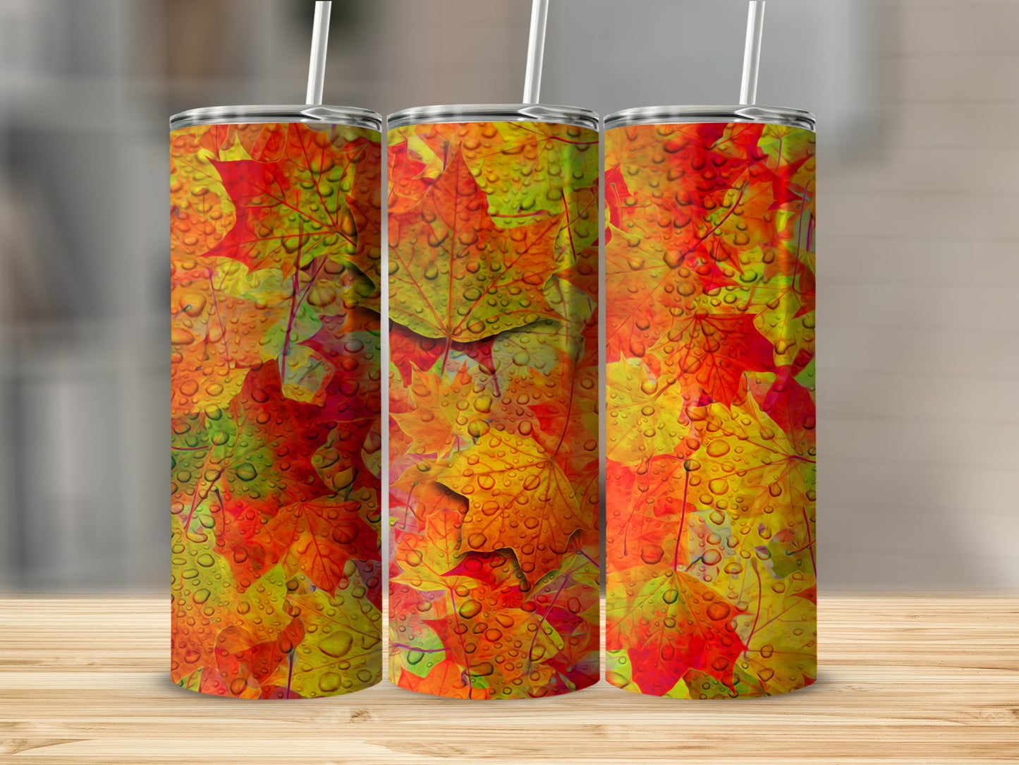 Autumn Maple Leafs with Water Drops Graphic Design Tumblers