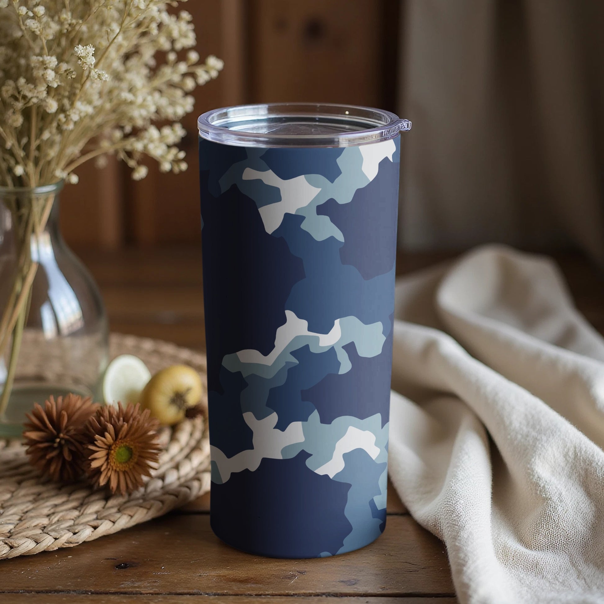Blue Camouflage Travel Tumbler for Drinks 20oz Capacity