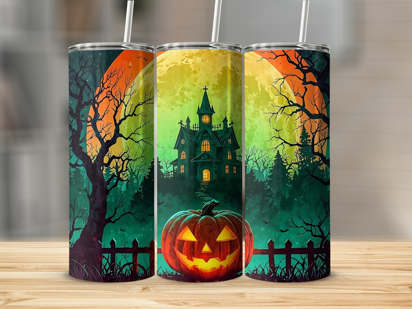 Halloween tumblers with jack-o'-lantern, haunted house, and moon design.