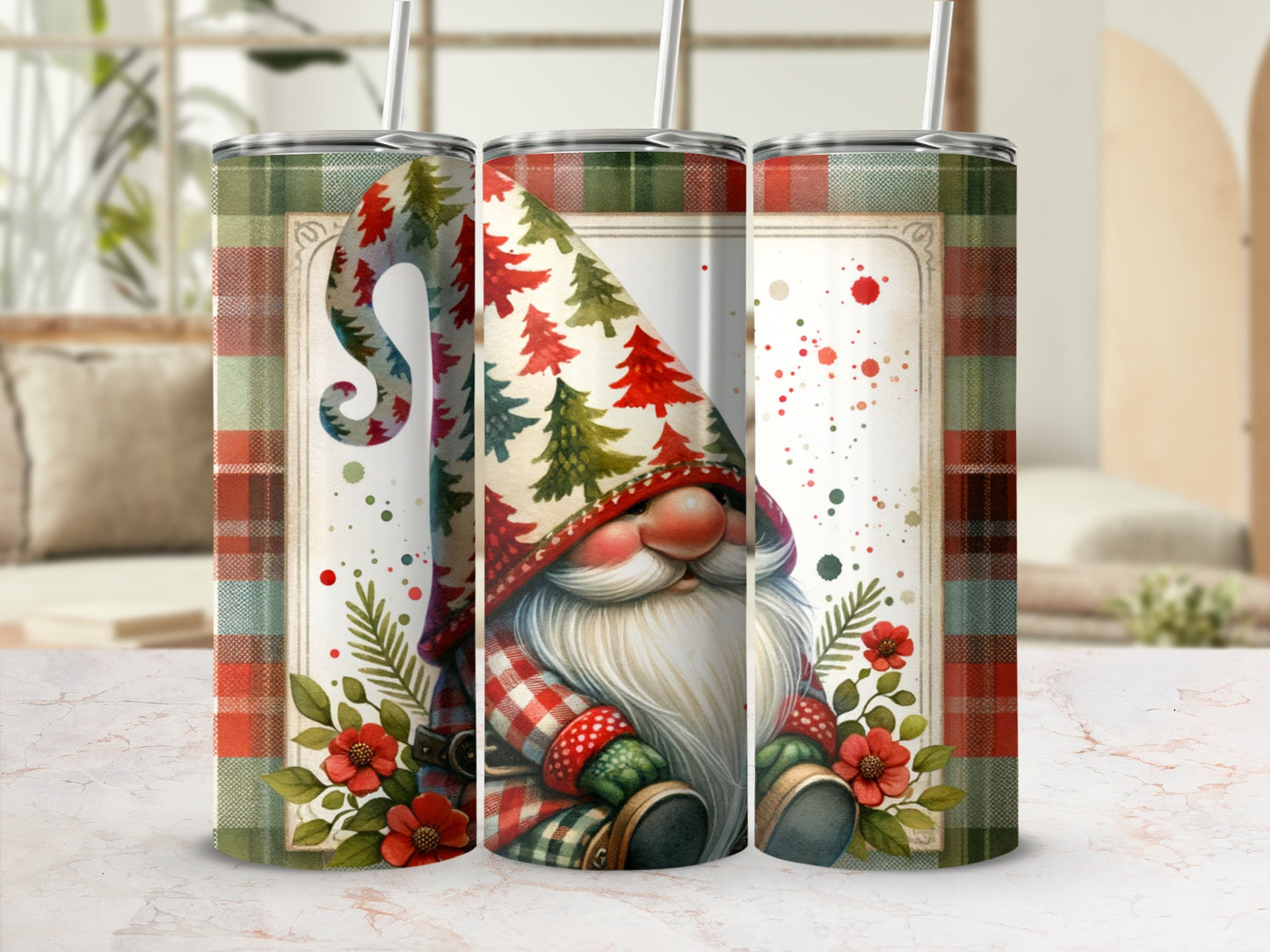 Three tumblers featuring a gnome with a plaid hat and Christmas trees.