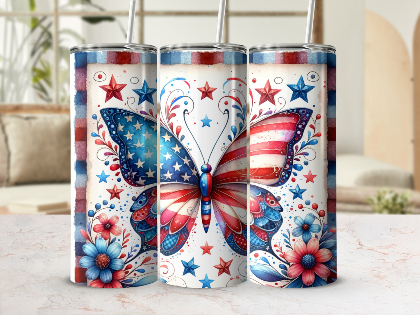 Butterfly tumbler with patriotic stars and floral accents.