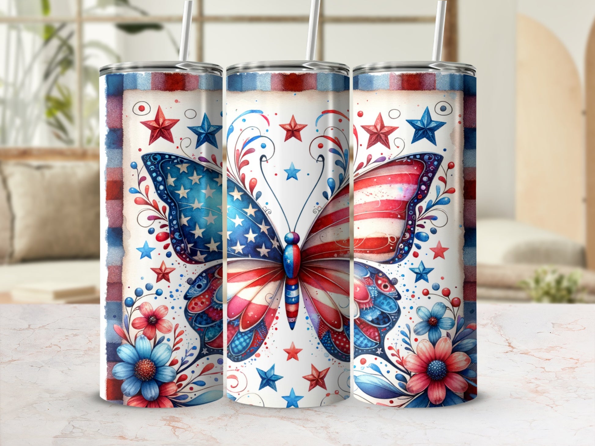 Butterfly tumbler with patriotic stars and floral accents.