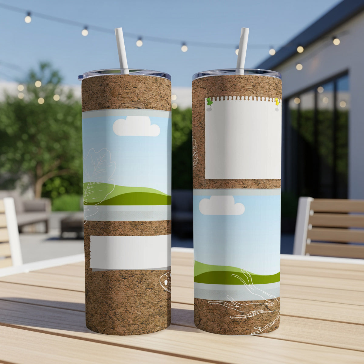 Two cork tumblers with nature-themed designs and blank spaces for personalization.
