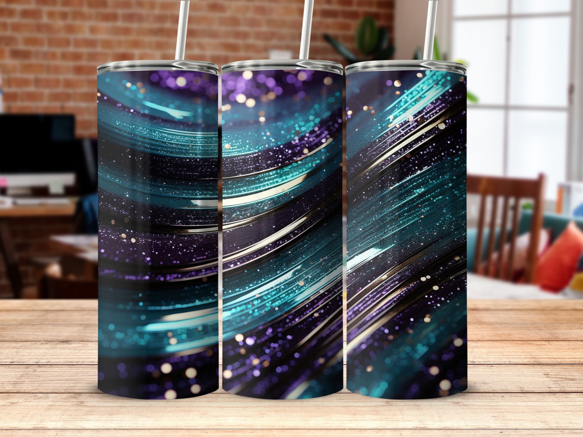 Abstract cosmic glitter vibrant colors dynamic lines sparkling bokeh tumbler product type