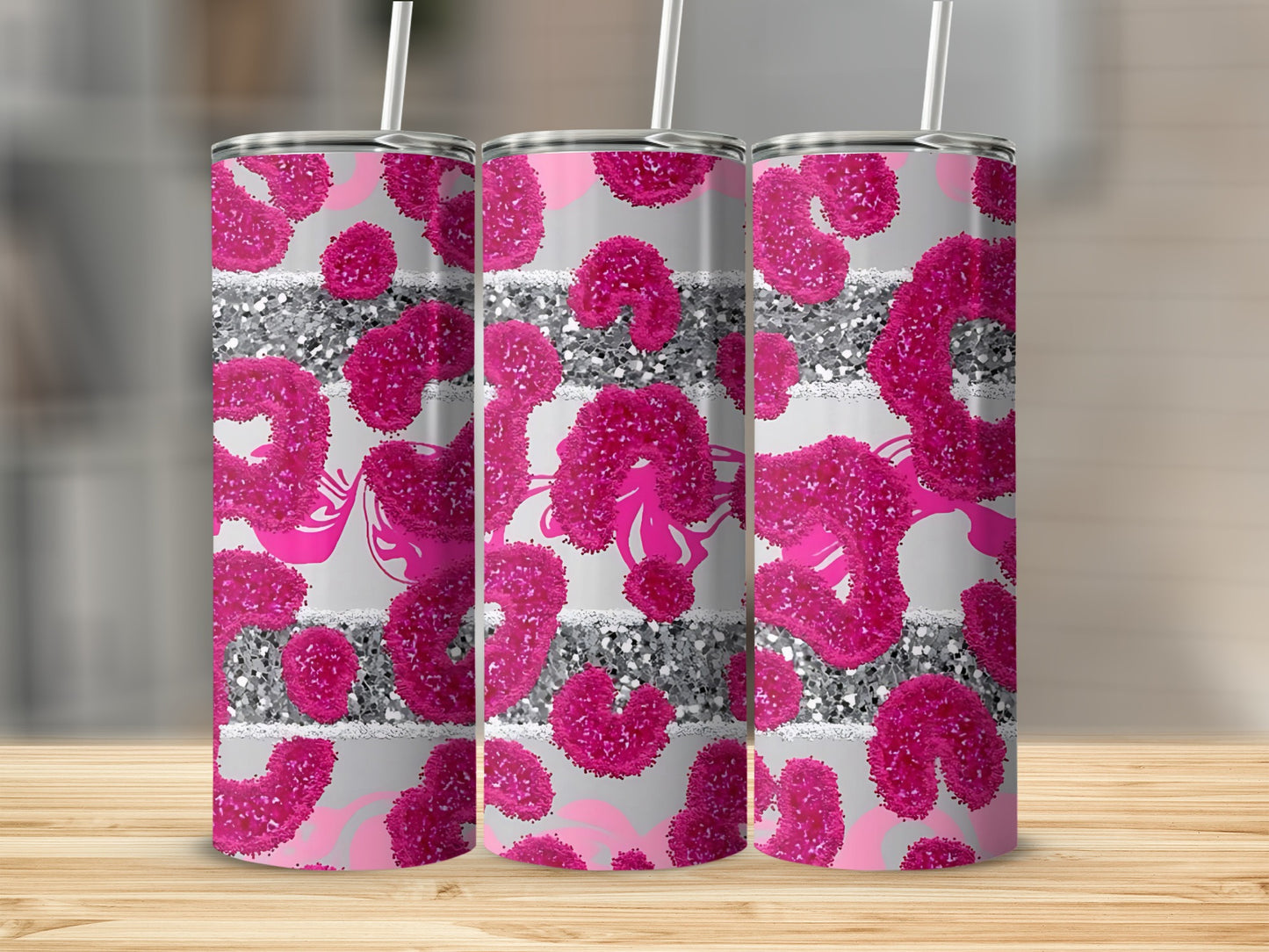 Pink and Silver Glitter Leopard Print Tumbler Product