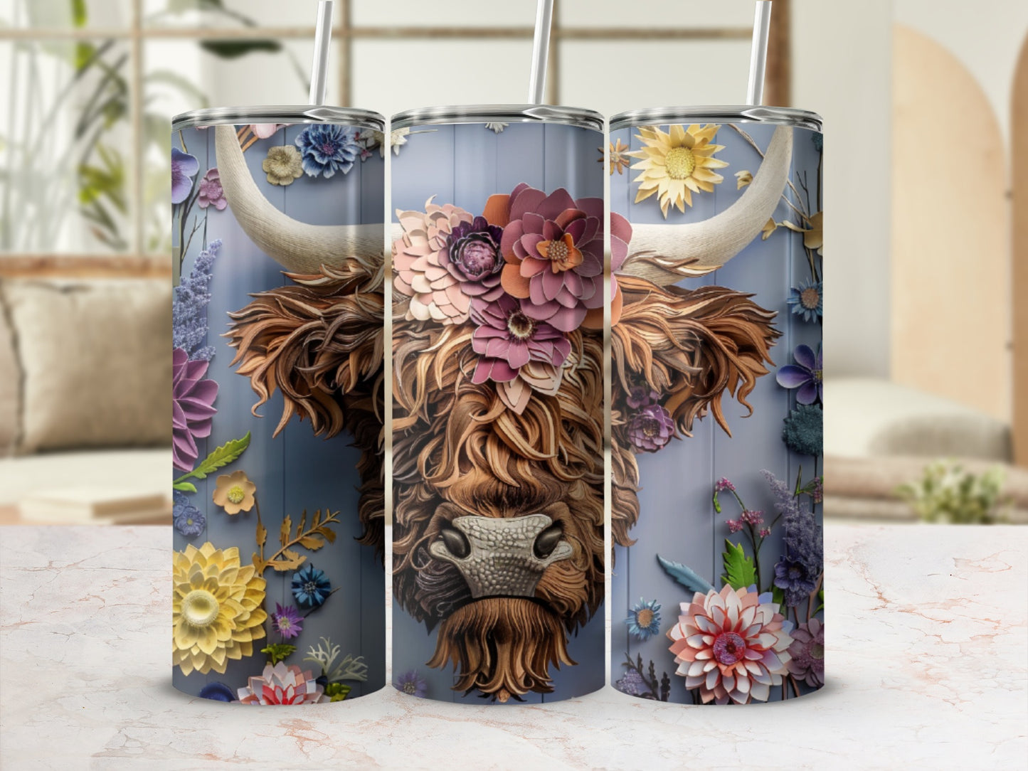 Three tumblers featuring a Highland cow with floral accents.
