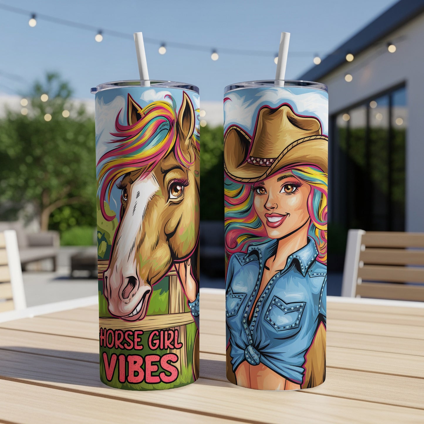 Two tumblers featuring a horse and cowgirl with rainbow manes and hair.