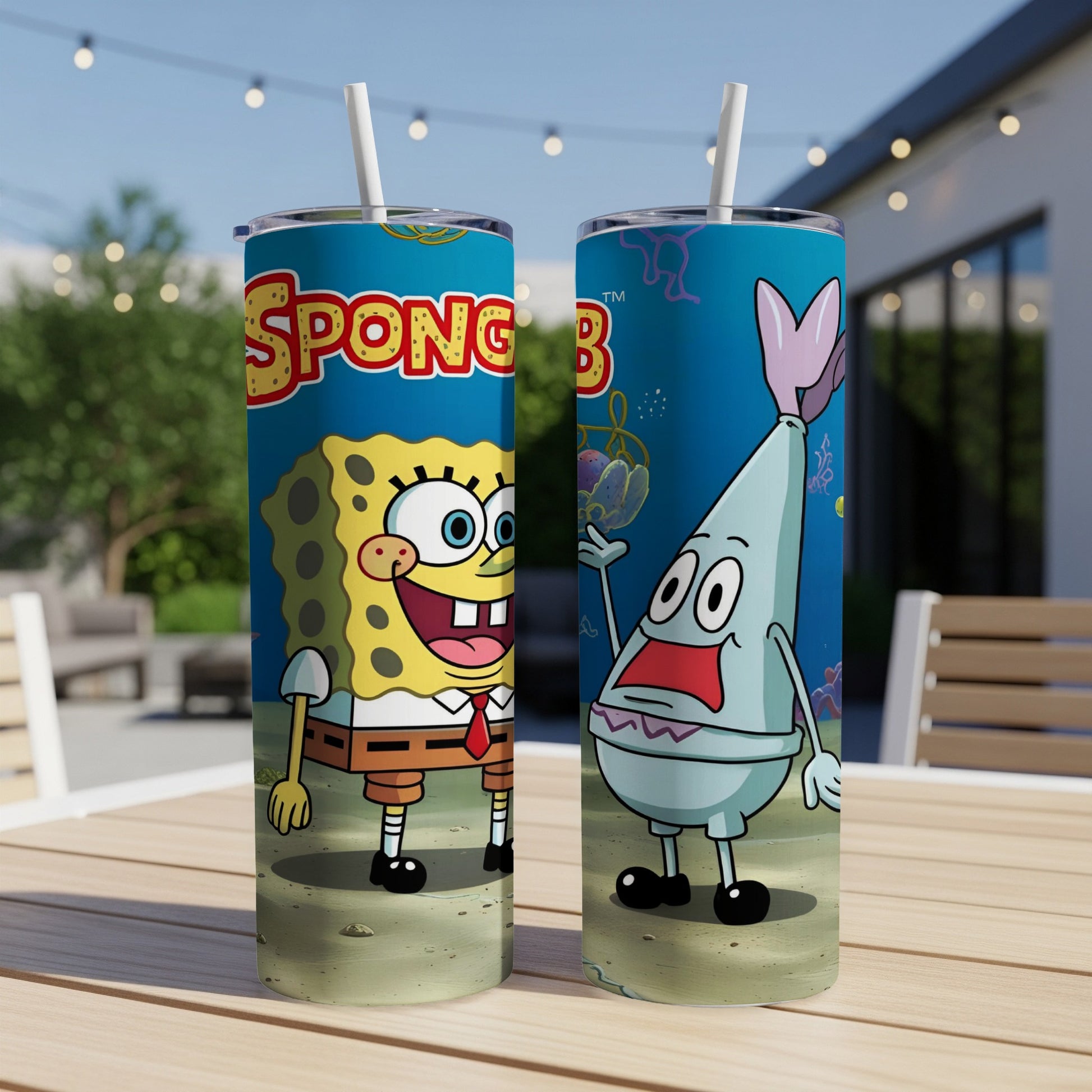 SpongeBob SquarePants and Patrick Star on a blue tumbler with straw.