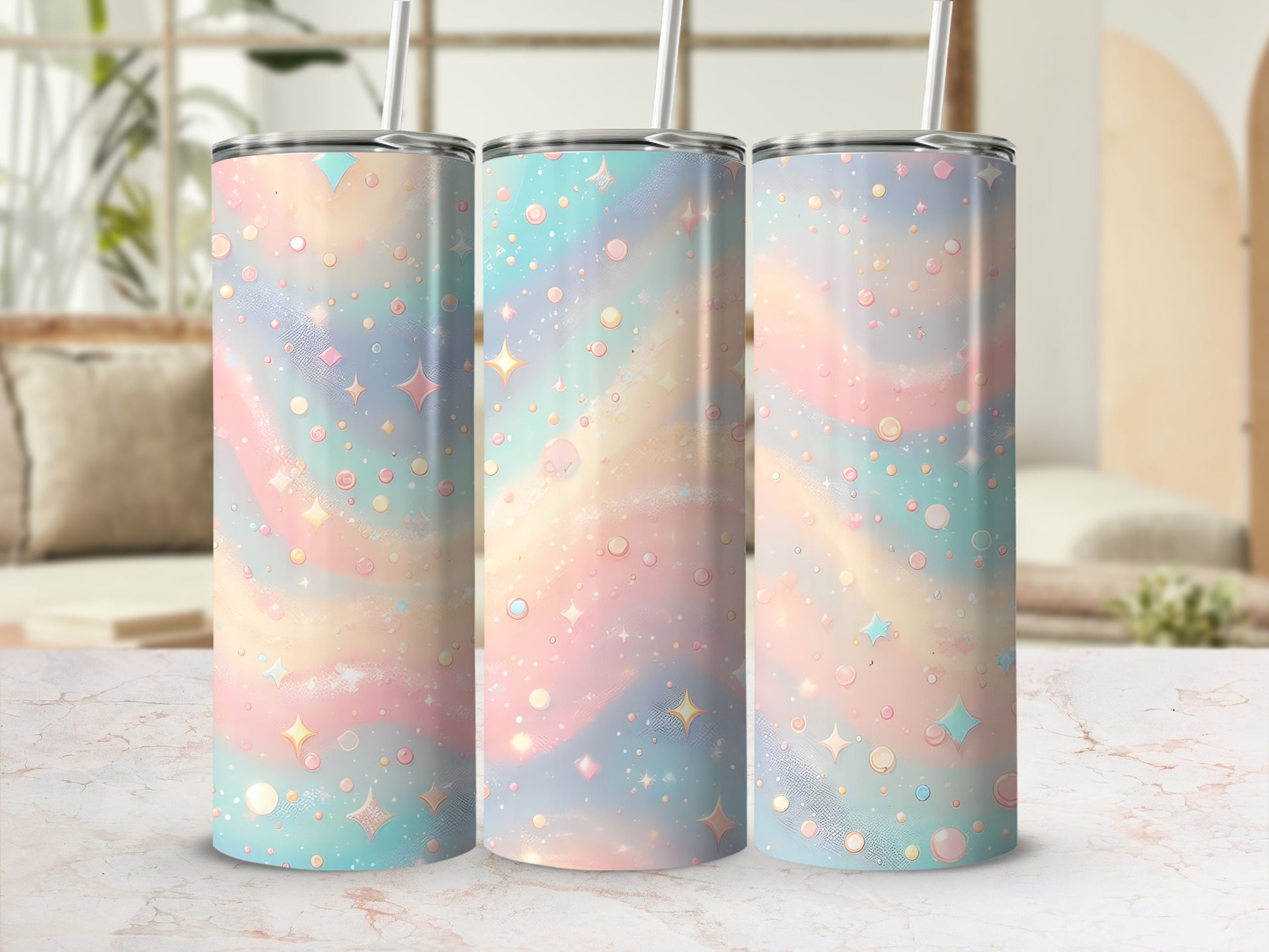 Pastel galaxy tumbler with stars and bubbles.