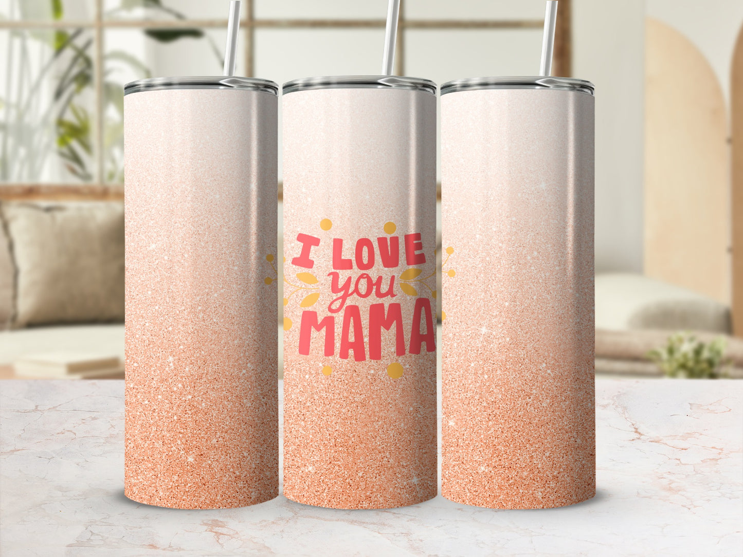 Three glittery tumblers with "I Love You Mama" text.