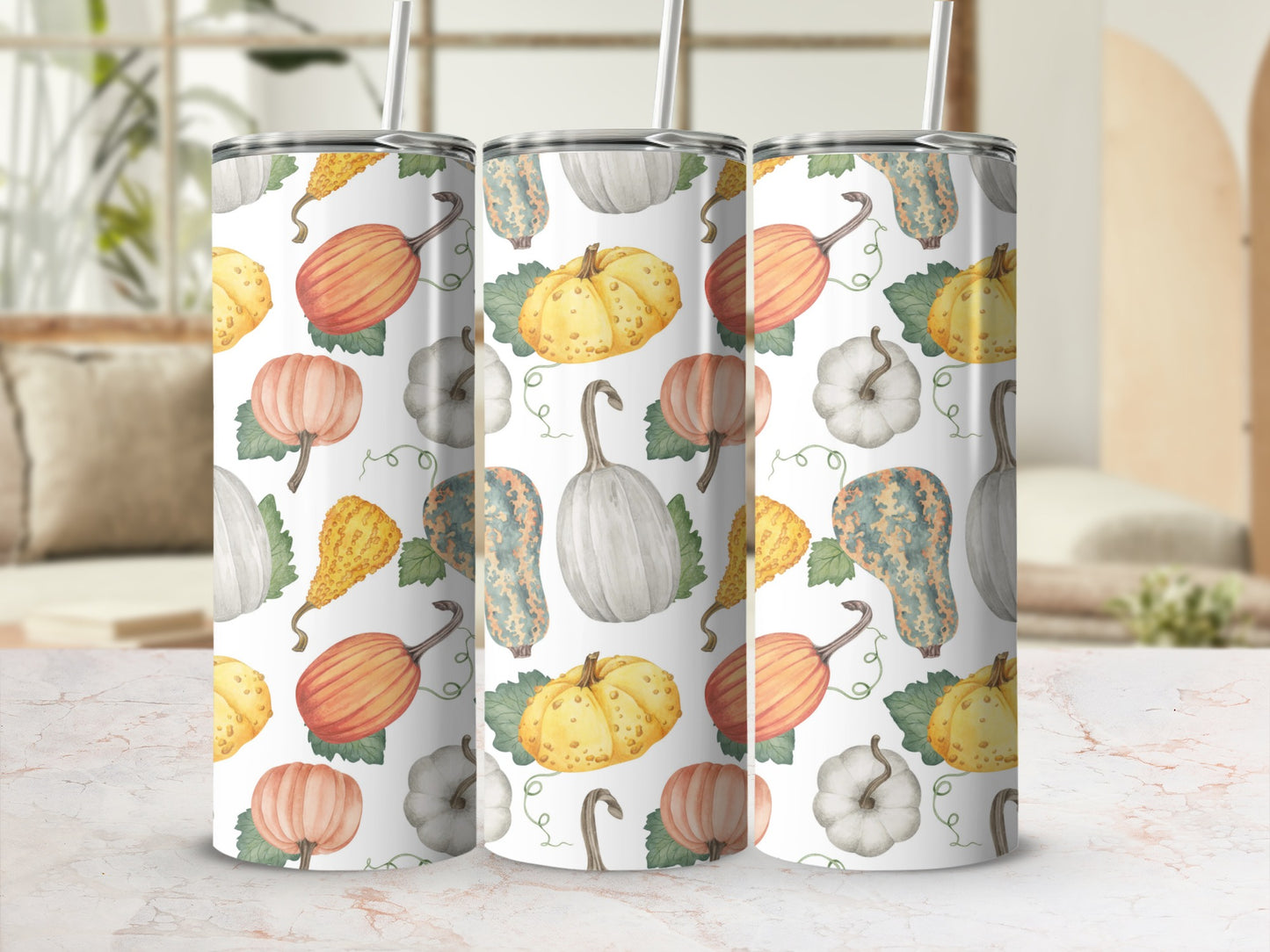 Seamless pattern of various pumpkins and gourds in autumn colors.