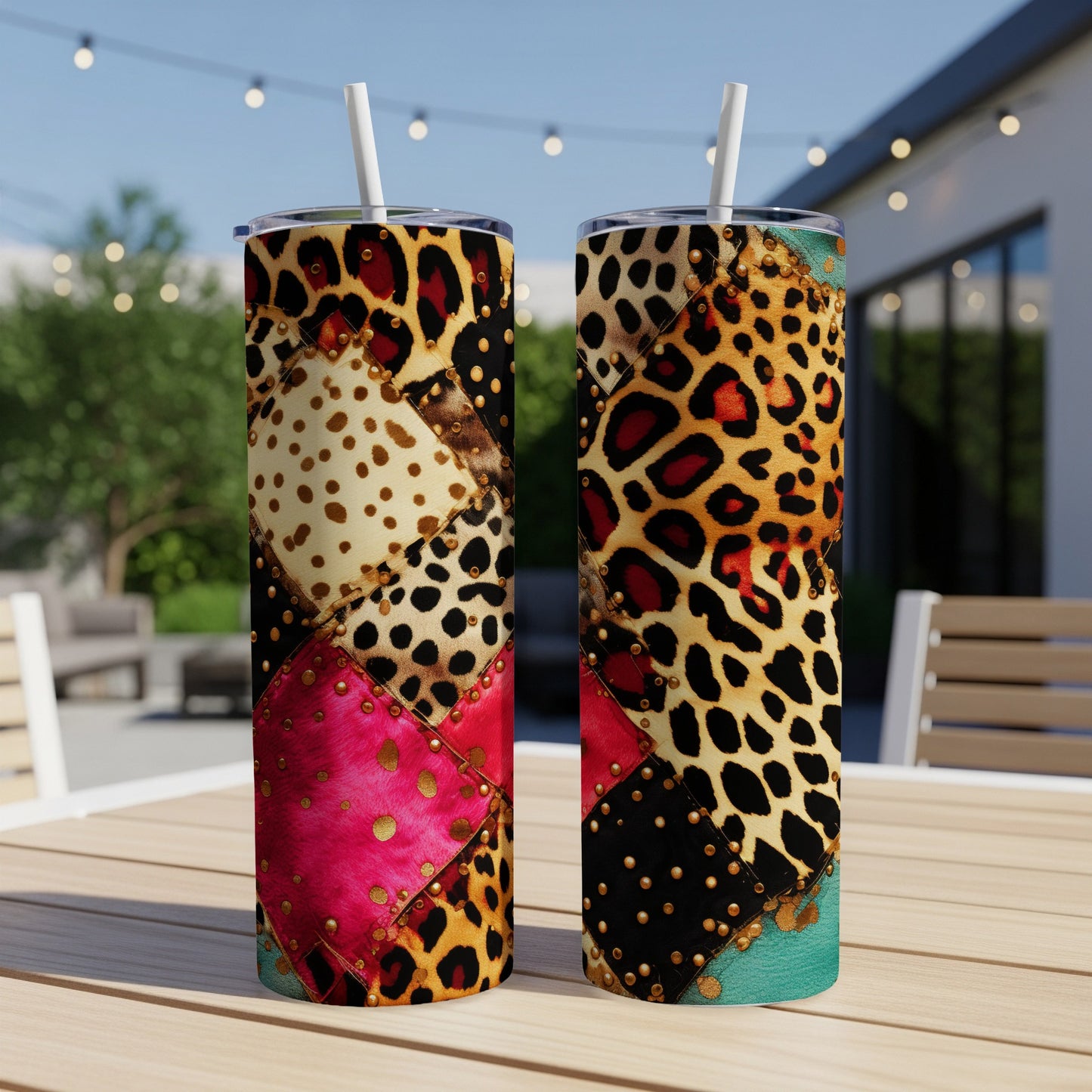 Two tall tumblers with leopard print and textured fabric patchwork design.