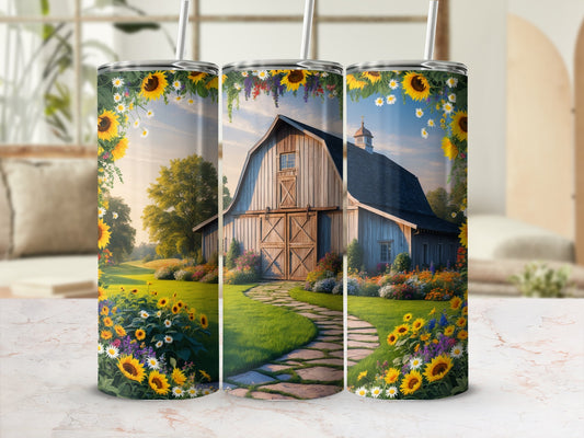 Barn with sunflowers and path, triptych tumbler design.