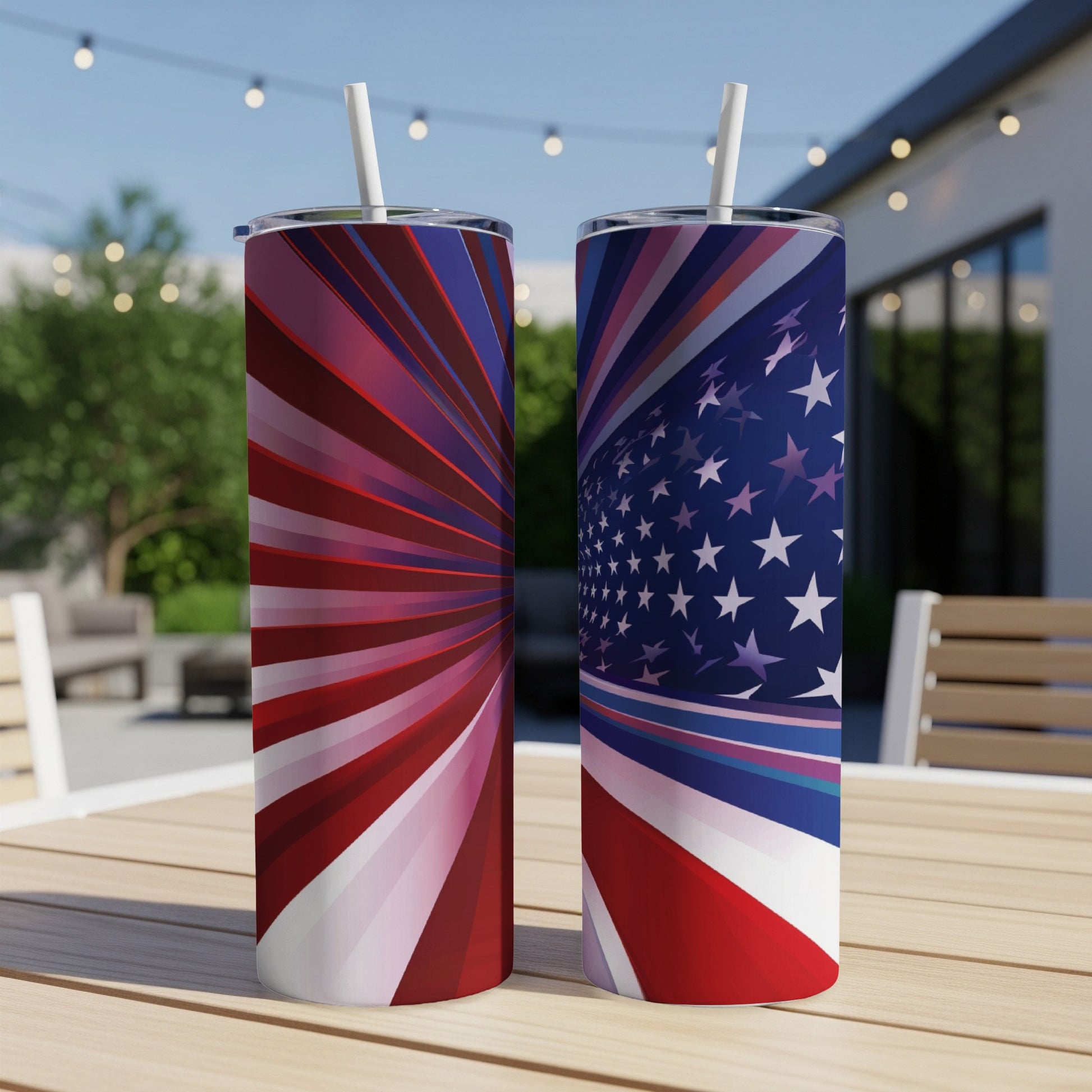 Two tumblers with patriotic American flag designs, one with red and white stripes, the other with stars.