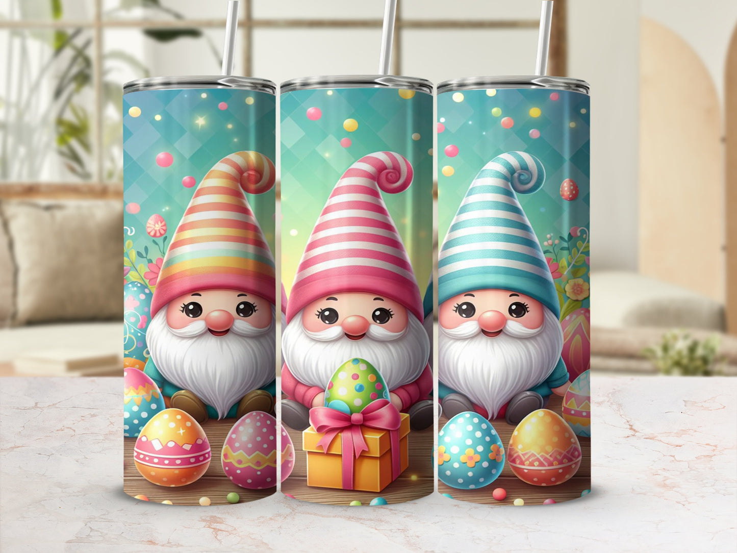 Three colorful gnomes with striped hats surround Easter eggs and a gift box.