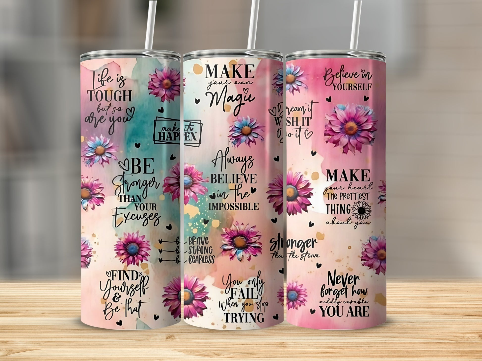 Inspirational Floral Designs on Pink Tumbler