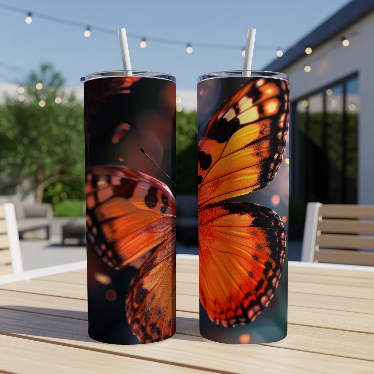 Two tall tumblers featuring a close-up of a monarch butterfly wing.