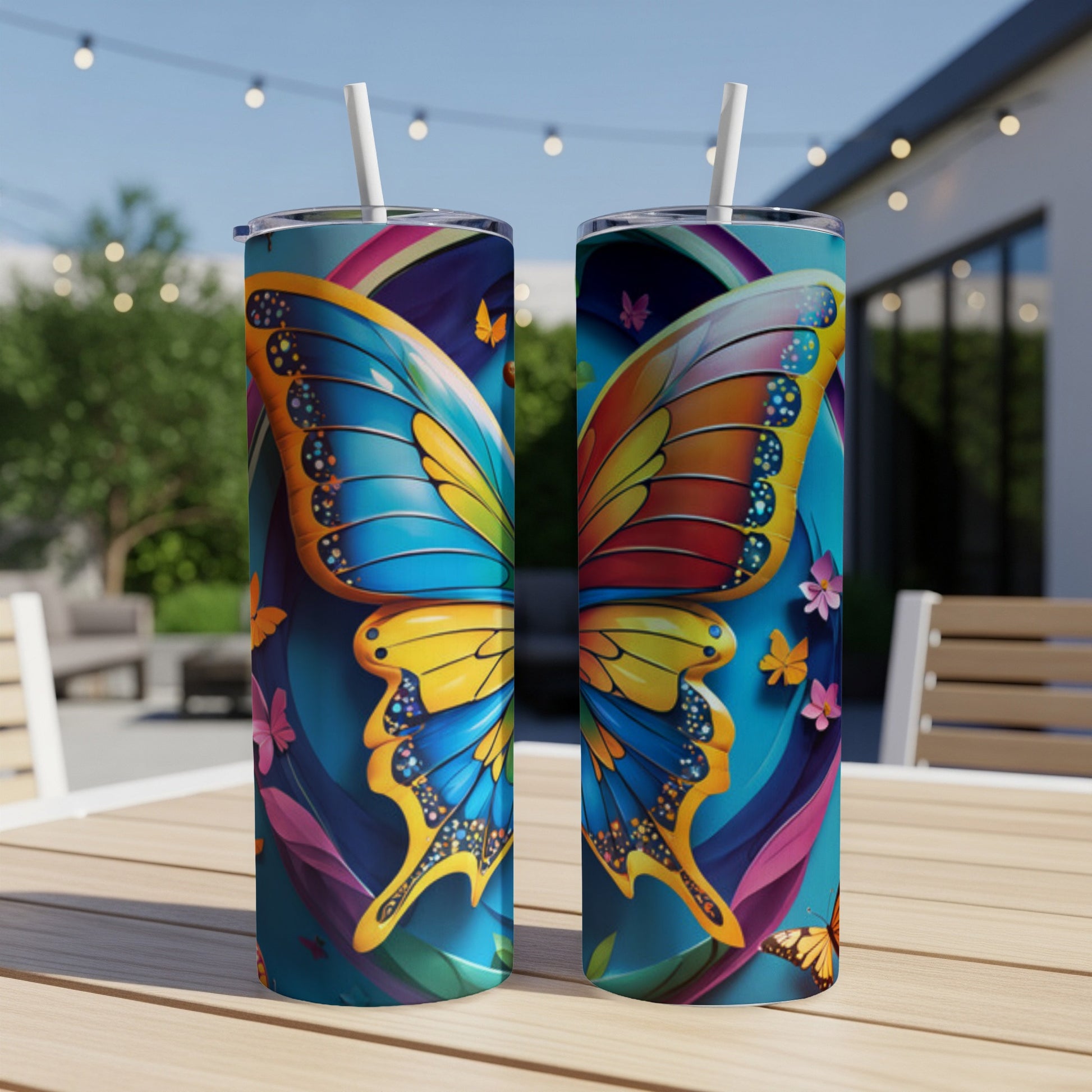 Two tumblers with colorful butterfly designs on an outdoor table.